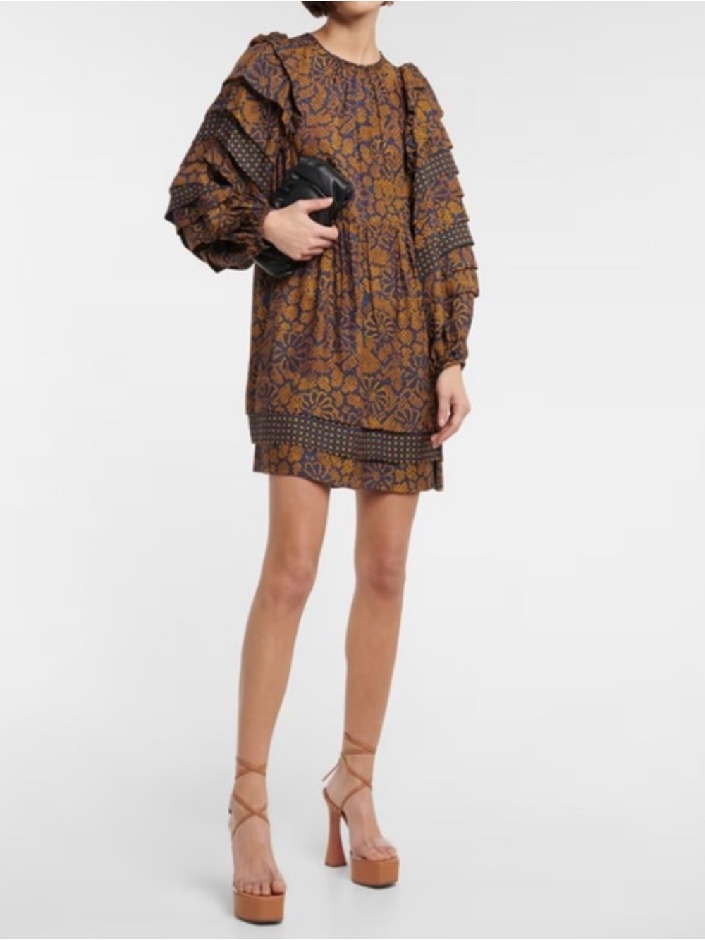 100% Silk Ulla Johnson Brown and Navy Floral Ruffled Mini Dress